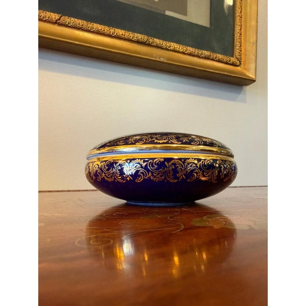 Vintage Limoges Cobalt Blue Gold Trinket Box, French Porcelain 4.5